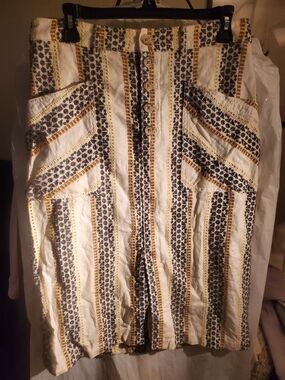Button-Front Midi Skirt in White with Black & Gold Stripe Detail